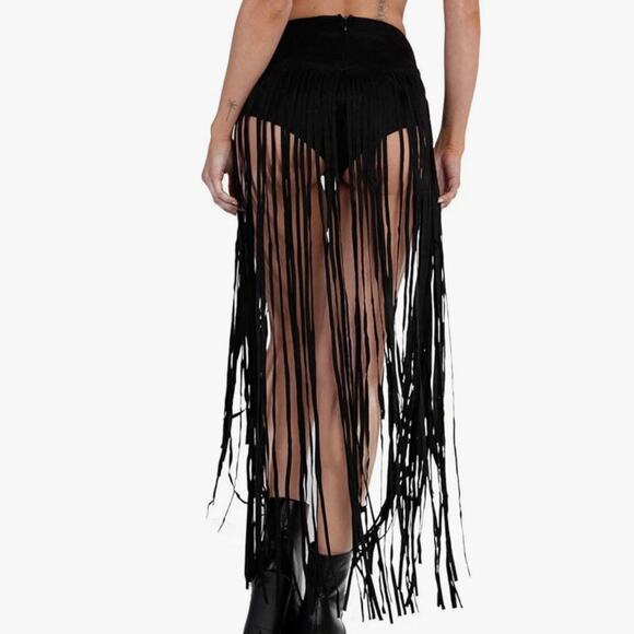 iHeartRaves Black High Waisted Cowgirl Festival Fringe Bottoms Skirt Size Large - Picture 7 of 14